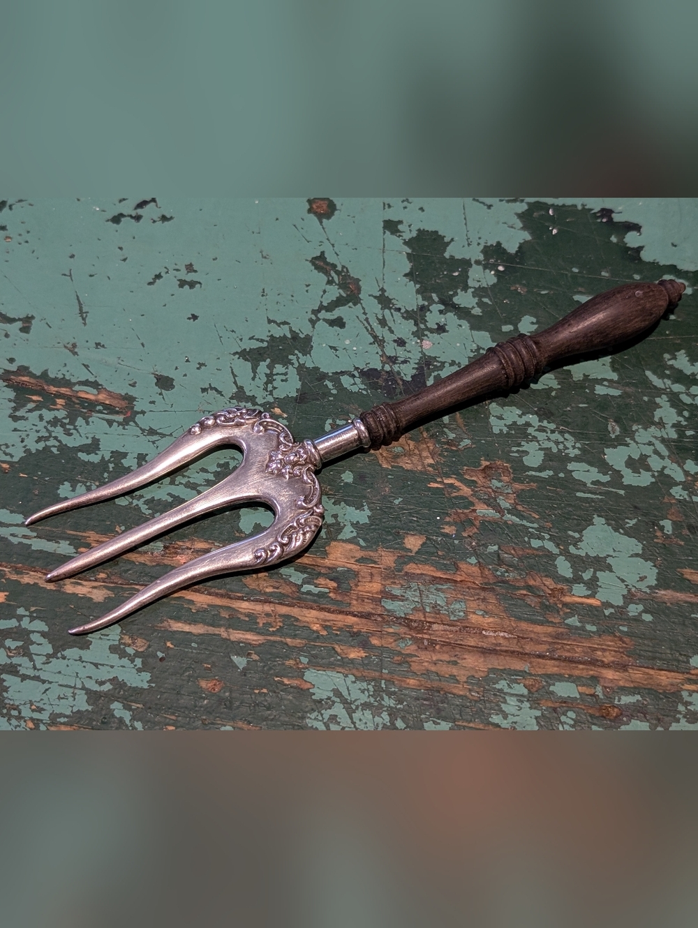Antique Ornate Sterling Bread Serving Fork With Wooden Handle - Marked Stunning!